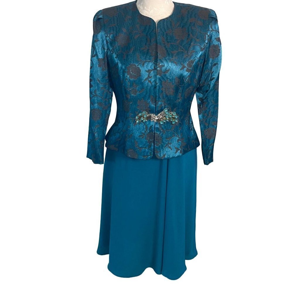 Ursula of Switzerland Petite Womens Dress Jacket Set Size 8 Vintage Teal Brocade